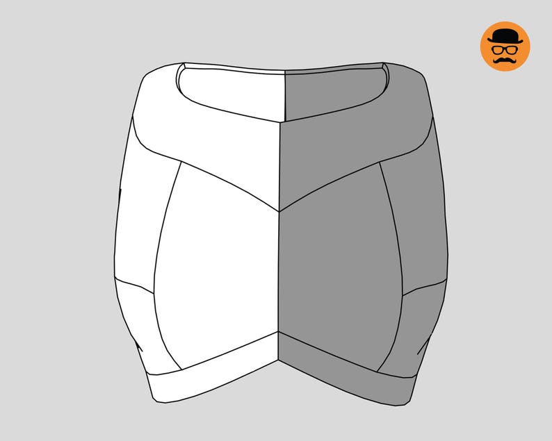 May include: An abstract illustration of a garment, possibly a top or skirt, split vertically into two tones. One half is white, the other grey. The garment features a rounded neckline and a geometric, panelled design.