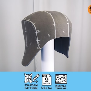 May include: A gray EVA foam pattern for a hat, with white markings and a black interior. The pattern is displayed on a white stand. The image includes icons and text indicating it is a digital template with 9 pages.