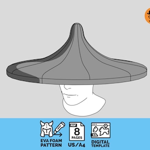 May include: A digital template for a wide-brimmed conical hat, featuring an 8-page PDF pattern for EVA foam construction. The graphic shows a gray hat on a white head form, with icons indicating EVA foam pattern, 8 pages, and digital template.