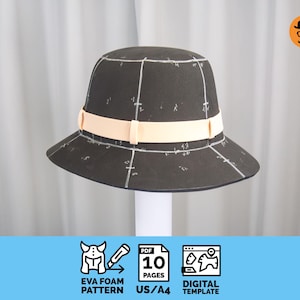 May include: A dark grey hat with a cream-coloured band, marked with white lines and numbers. The hat is a digital template for an EVA foam pattern. The image includes icons and text: "EVA FOAM PATTERN", "10 PAGES", and "DIGITAL TEMPLATE".
