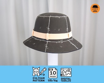 May include: A dark gray hat with a cream-colored band, marked with white lines and numbers. The hat is a digital template for an EVA foam pattern. The image includes icons and text: "EVA FOAM PATTERN", "10 PAGES", and "DIGITAL TEMPLATE".