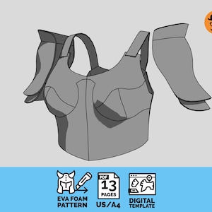 May include: A gray digital template for a chest piece and shoulder armor set. The design includes a central bodice with straps and two separate shoulder guards. Icons indicate a 13-page PDF, EVA foam pattern, and US/A4 paper sizing.