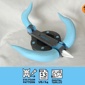 May include: A blue and gray foam craft prop with a circular base and two curved horns. The prop is a digital template for crafting with EVA foam.