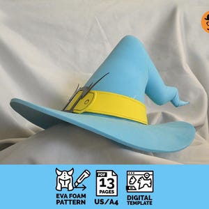 May include: A light blue wizard hat with a yellow band and a pointed top. The hat is made of EVA foam and is available as a digital template.