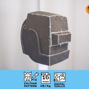 May include: A dark gray EVA foam helmet pattern, assembled and ready for use. The design features angular shapes and white seam lines. The image includes text that reads "EVA FOAM PATTERN", "16 PAGES", and "DIGITAL TEMPLATE".