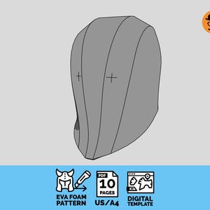 Puede incluir: Una plantilla digital gris para un patrón de casco de espuma EVA. El diseño presenta una forma lisa y redondeada con dos marcas de cruz en la parte frontal. Debajo del casco, iconos indican un formato PDF de 10 páginas para papel US y A4.