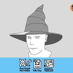 May include: Line drawing of a gray witch hat on a head form. The hat has a wide brim and a tall, pointed crown. Below the head form are icons with the text "EVA FOAM PATTERN", "12 PAGES", and "DIGITAL TEMPLATE".