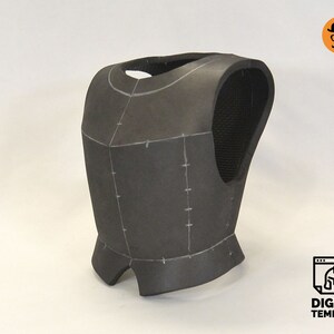May include: A gray foam armor chest piece with markings for sewing. The armor is designed for cosplay or costume making.