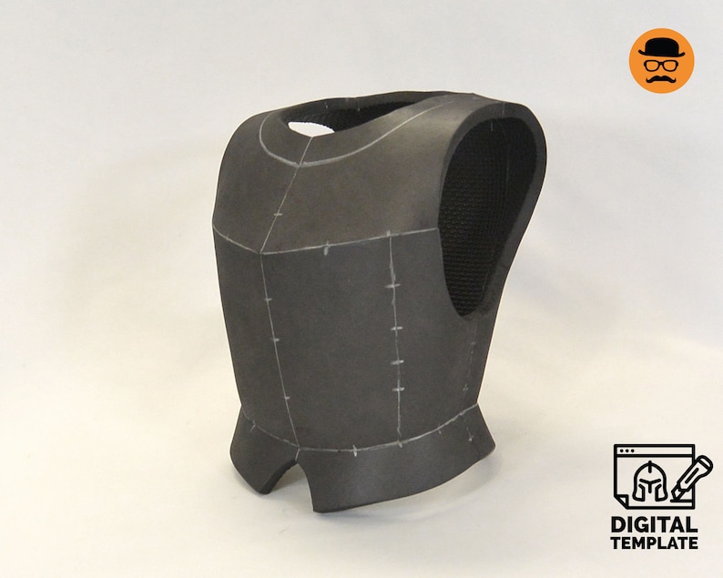 May include: A gray foam armor chest piece with markings for sewing. The armor is designed for cosplay or costume making.