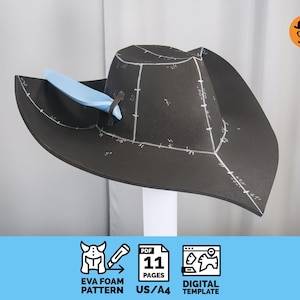 May include: A black cowboy hat with white markings and a light blue tool inserted. The hat is a template for an EVA foam pattern. The image includes text that says "EVA FOAM PATTERN", "11 PAGES", and "DIGITAL TEMPLATE".