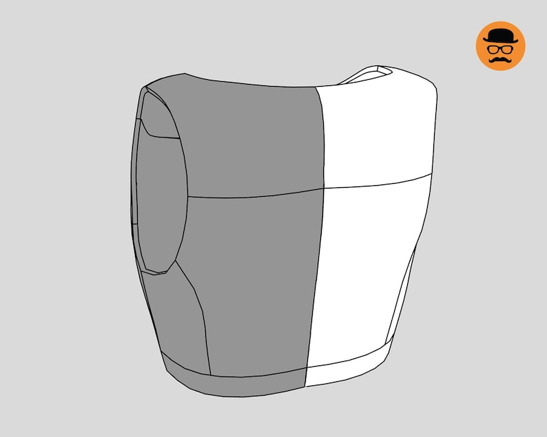 May include: A two-tone illustration of a vest. The left side is grey, and the right side is white. The vest has a curved shape and appears to be a 3D rendering.