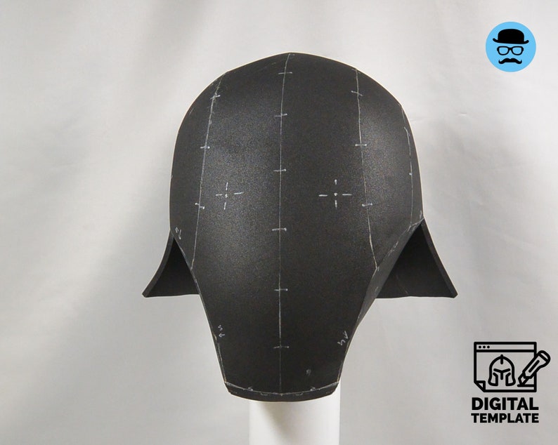 May include: Black foam helmet with white markings, a digital template for crafting a costume.