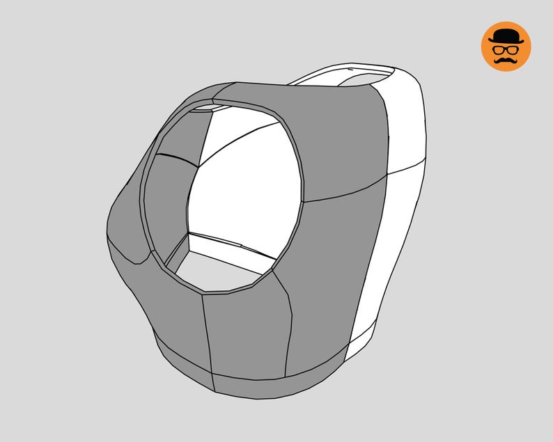 May include: A 3D rendering of a grey and white object with a circular opening. The object has a geometric design with several panels and a curved shape. The background is a solid light grey.