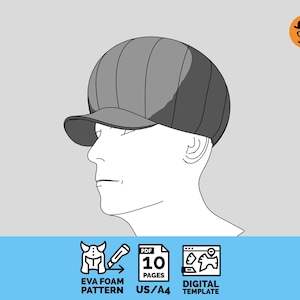 May include: A gray, paneled baseball cap with a curved brim, shown on a stylized head. The image includes text: EVA FOAM PATTERN, PDF 10 PAGES, DIGITAL TEMPLATE, and US/A4.