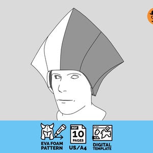 Peut inclure: Dessin au trait d'une personne portant un chapeau médiéval avec des panneaux gris et blancs. L'image comprend des icônes et le texte : "EVA FOAM PATTERN", "PDF 10 PAGES", "US/A4" et "DIGITAL TEMPLATE". Une petite illustration d'un homme avec une moustache et des lunettes est dans le coin supérieur droit.