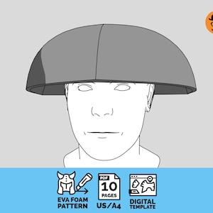 Puede incluir: Una plantilla PDF digital para un patrón de casco de espuma EVA, con un dibujo lineal de una cabeza que lleva un casco gris liso en forma de cúpula. El gráfico incluye iconos para un documento de 10 páginas, una herramienta de corte y diseño.