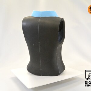May include: A black sleeveless garment with a light blue collar. The garment is made of foam and has markings on the back.