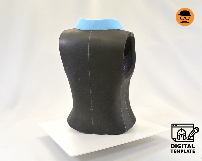 May include: A black sleeveless garment with a light blue collar. The garment is made of foam and has markings on the back.
