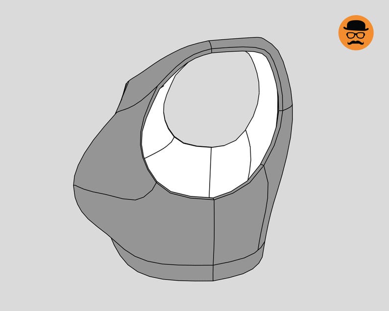 May include: A 3D-rendered, grey, geometric form with a large, oval opening. The interior of the opening is white, and the form has a segmented design. The background is a solid, light grey.