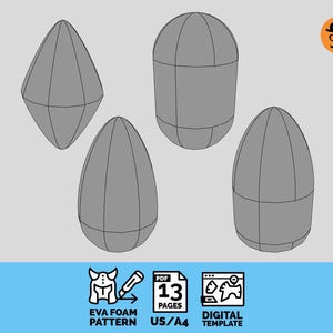 May include: A digital template for EVA foam crafting featuring four distinct gray geometric shapes with visible panel lines. The graphic includes icons for a 13-page PDF, a cutter, and a helmet, with text indicating US/A4 sizing and EVA foam pattern.