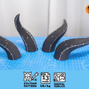 May include: Four black EVA foam horns with white markings, arranged on a blue grid surface. The horns are numbered and curved. The image includes icons and text indicating an EVA foam pattern, PDF with 13 pages, and a digital template.