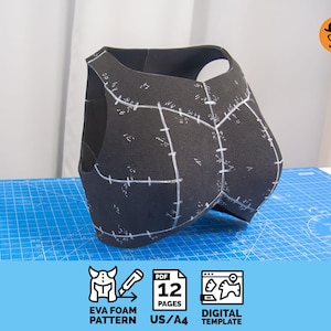 May include: A black EVA foam pattern, possibly for a costume, with white markings and cut lines. The pattern is on a blue cutting mat. The image includes text that says "EVA FOAM PATTERN", "12 PAGES", and "DIGITAL TEMPLATE".