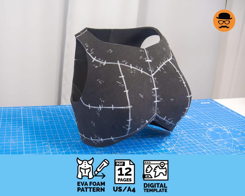 May include: A black EVA foam pattern, possibly for a costume, with white markings and cut lines. The pattern is on a blue cutting mat. The image includes text that says "EVA FOAM PATTERN", "12 PAGES", and "DIGITAL TEMPLATE".