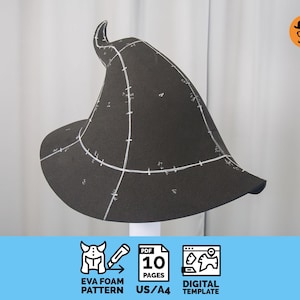 May include: A dark gray EVA foam pattern for a hat, featuring white markings and a curved horn-like shape. The hat is displayed on a white stand against a light background. The image includes text: EVA FOAM PATTERN, PDF 10 PAGES, DIGITAL TEMPLATE.