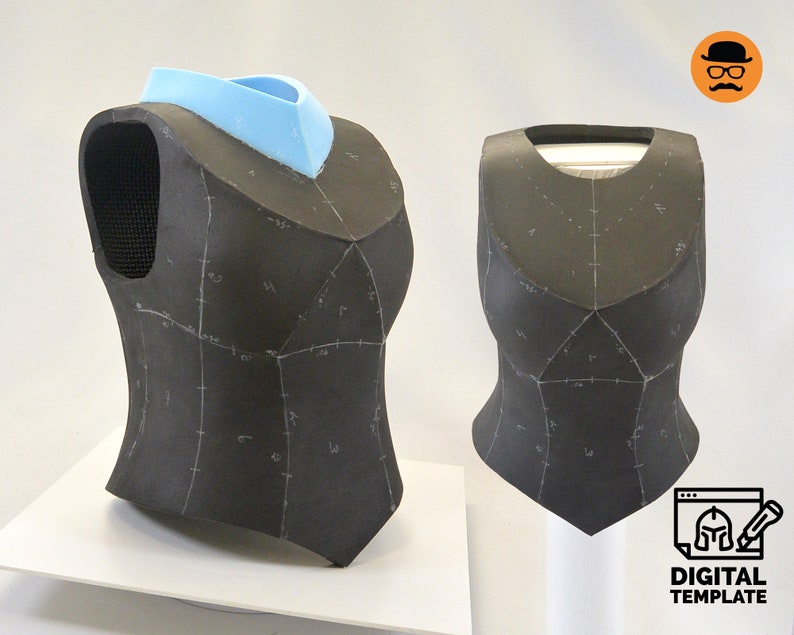 May include: A black foam armour piece with a light blue foam collar. The armour is marked with lines and numbers. The armour is on a white surface.  "DIGITAL TEMPLATE" is written on a white background with a black icon of a helmet and pencil.
