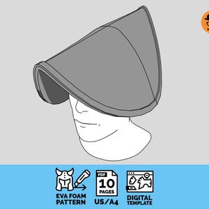 May include: A gray wide-brimmed hat worn on a white mannequin head. The image includes icons for an EVA foam pattern, a 10-page PDF document, and a digital template for US and A4 paper sizes, along with a small orange logo of a hat and mustache.