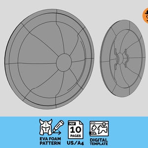 May include: Two grey, circular EVA foam pattern templates. One is larger and flat, the other smaller and angled. Below are icons with text: "EVA FOAM PATTERN", "10 PAGES", and "DIGITAL TEMPLATE".