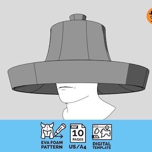 May include: A digital template for a wide-brimmed hat, featuring a gray, multi-paneled design on a white mannequin head. The graphic includes icons for an EVA foam pattern, a 10-page PDF document, and a digital template compatible with US/A4 paper.
