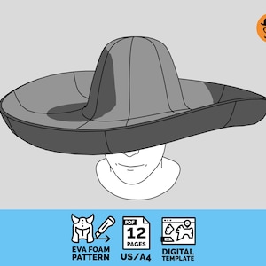 Op de afbeelding: Een digitaal sjabloon voor een sombrero met brede rand, met een grijze lijntekening op een wit etalagepophoofd. De afbeelding bevat iconen voor een 12-pagina PDF, EVA-schuimpatroon en digitaal sjabloon, met de tekst EVA FOAM PATTERN, 12 PAGES, US/A4 en DIGITAL TEMPLATE.