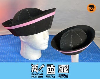 May include: Black sailor hat with a pink band, displayed on a white mannequin head. The hat is made of a dark material with visible stitching. The image also includes a second hat and icons with text: "EVA FOAM PATTERN", "10 PAGES", and "DIGITAL TEMPLATE".
