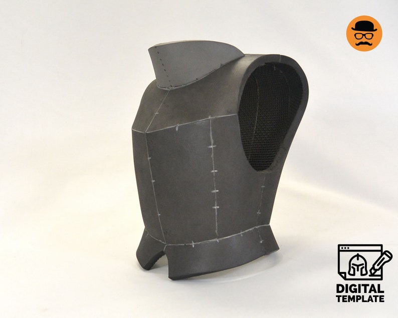 May include: A gray foam armor chest piece with a mesh panel on the right side. The armor is marked with lines for cutting and stitching.