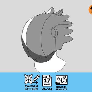 Puede incluir: Una plantilla digital para un patrón de casco de espuma EVA mostrada en una cabeza de maniquí. El gráfico incluye iconos para un PDF de 17 páginas, una herramienta de corte y una plantilla digital, con texto que indica el tamaño US/A4 y compatibilidad.