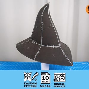 May include: A black EVA foam witch hat pattern with white markings, displayed on a white stand. The image includes icons and text indicating a digital template. The background is white. The hat is for cosplay or costume.