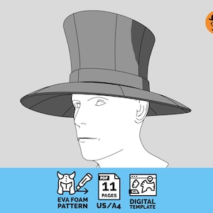 Puede incluir: Una plantilla digital para un sombrero de copa, con un dibujo lineal de una cabeza que lleva el sombrero. El gráfico incluye iconos para un patrón de espuma EVA, 11 páginas y una plantilla digital, con el texto EVA FOAM PATTERN, 11 PAGES, US/A4, DIGITAL TEMPLATE.