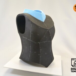 May include: A black foam mannequin torso with a blue foam neck piece. The torso is marked with lines and numbers, suggesting it is a pattern for a garment.