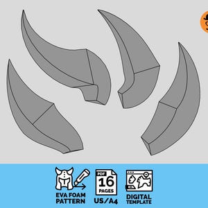 May include: A digital template for an EVA foam pattern, featuring four gray, curved claw-like shapes. The image includes icons indicating a digital template, 16 pages, and US/A4 paper size.