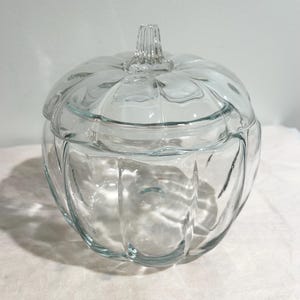 May include: A clear glass pumpkin-shaped jar with a lid. The jar has a ribbed design and a stem-shaped handle on the lid. The jar is sitting on a white surface.