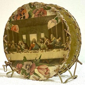 Vintage Gold Tone Napkin Holder Accented W/ Dinner Meal Prayer Last Supper Print Handcrafted By Basilian Nuns Religious Table Decor