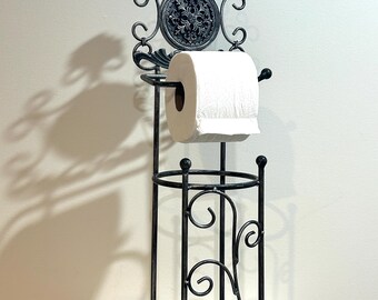 Free Standing Vintage Toilet Paper Holder Metal Stand Decorative Art Nouveau Design Bathroom Decor and Accessories 27”