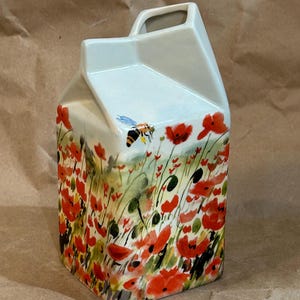 Rare Collectible Shannonbridge Pottery Ireland Ceramic Milk Carton Jug Pitcher Dolores Keaveney “Dee The Bee” Collection Bee Poppy Design