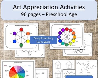 May include: A set of printable worksheets for preschoolers to learn about color theory. The worksheets include color wheels, cutting practice, and warm and cool color activities. The title of the set is "Art Appreciation Activities 96 pages - Preschool Age".