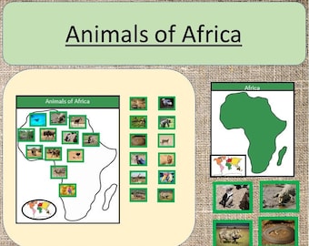 May include: A green outline of the continent of Africa with various animals from Africa placed on the map. The animals include a zebra, a lion, a giraffe, an elephant, a rhino, a hippopotamus, a crocodile, a monkey, a bird, a snake, and a cheetah. The map is surrounded by a brown border and a beige background.