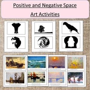May include: A collection of art activity cards with the title "Positive and Negative Space Art Activities". The cards feature black and white silhouette designs and landscape paintings. The top of the image has a pink banner.