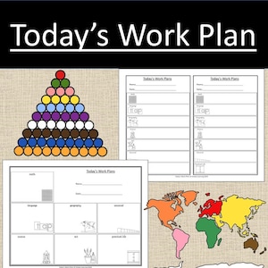 以下が含まれることがあります： 子供たちが日々の仕事を計画するための印刷可能なワークシート。ワークシートは、算数、言語、地理、科学、芸術、実生活など、さまざまな科目に対応するセクションに分かれています。ワークシートには、カラフルな世界地図とカラフルな円で作られたピラミッドも含まれています。