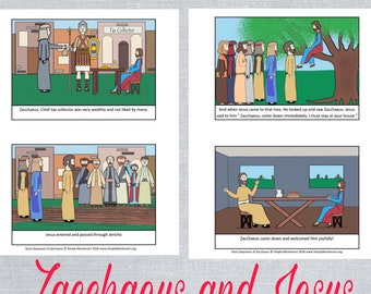 May include: A four-panel comic strip illustration depicting the biblical story of Zacchaeus and Jesus. The first panel shows Zacchaeus, a tax collector, sitting at a table with a man. The second panel shows Jesus walking through a crowd of people. The third panel shows Zacchaeus climbing a tree to see Jesus. The fourth panel shows Zacchaeus welcoming Jesus into his home. The text in the comic strip reads "Zacchaeus, Chief tax collector was very wealthy and not liked by many." "And when Jesus came to that tree, He looked up and saw Zacchaeus. Jesus said to him "Zacchaeus, come down immediately. I must stay at your house." "Jesus entered and passed through Jericho." "Zacchaeus came down and welcomed Him joyfully!"