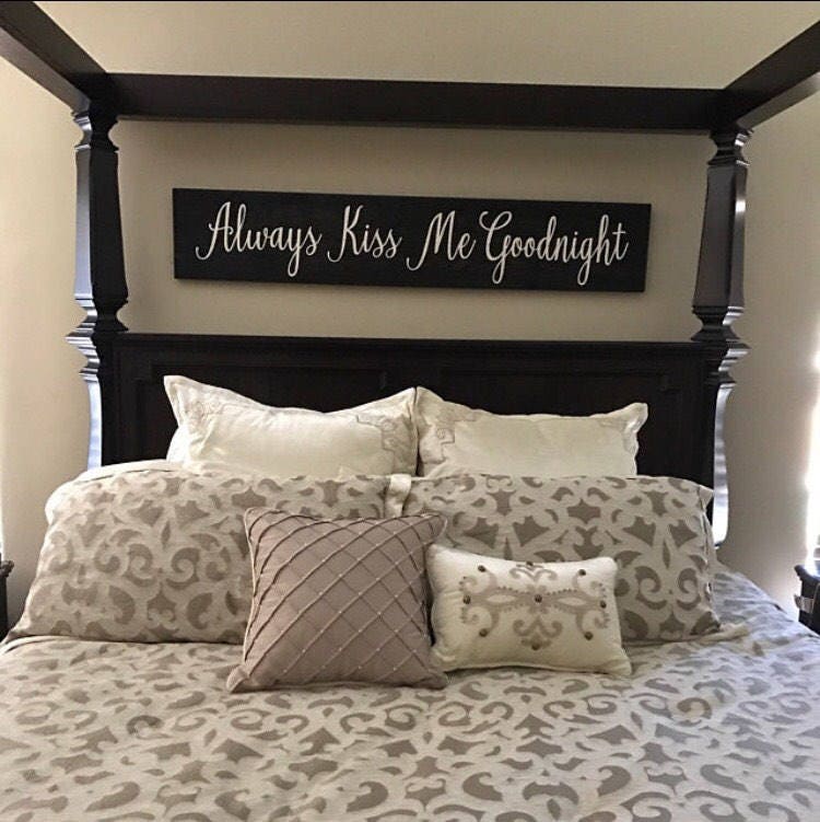 Rustic and always kiss me goodnight sign/wood trimmed/farmhouse decor/bedroom decor 